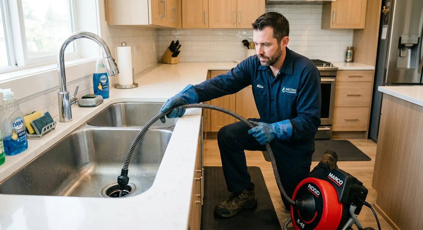 Drain cleaning technician using a motorized snake on a kitchen sink in Hope