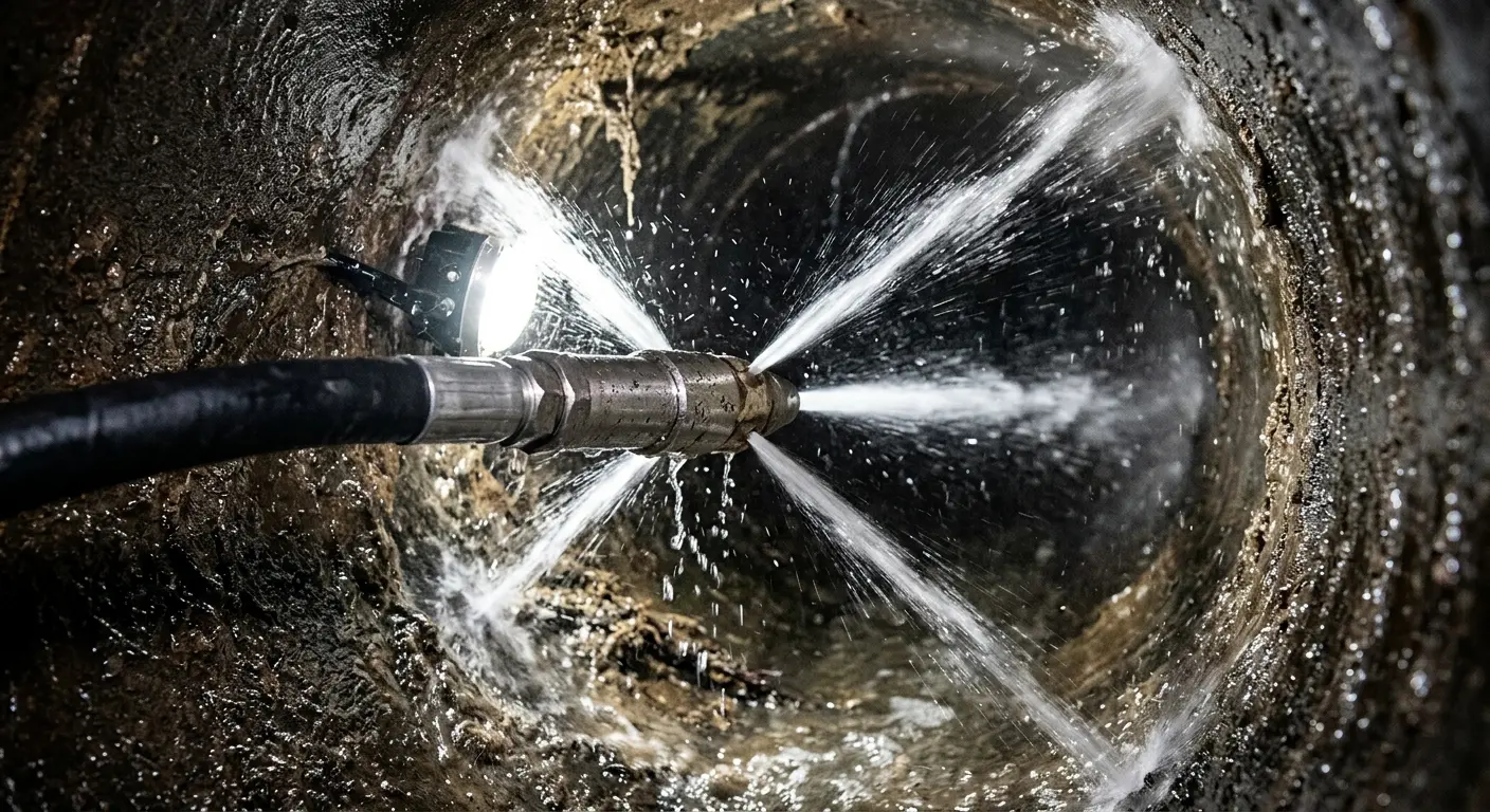 High-pressure hydro jetting nozzle cleaning sewer pipe for Emergency Drain Service in Hope