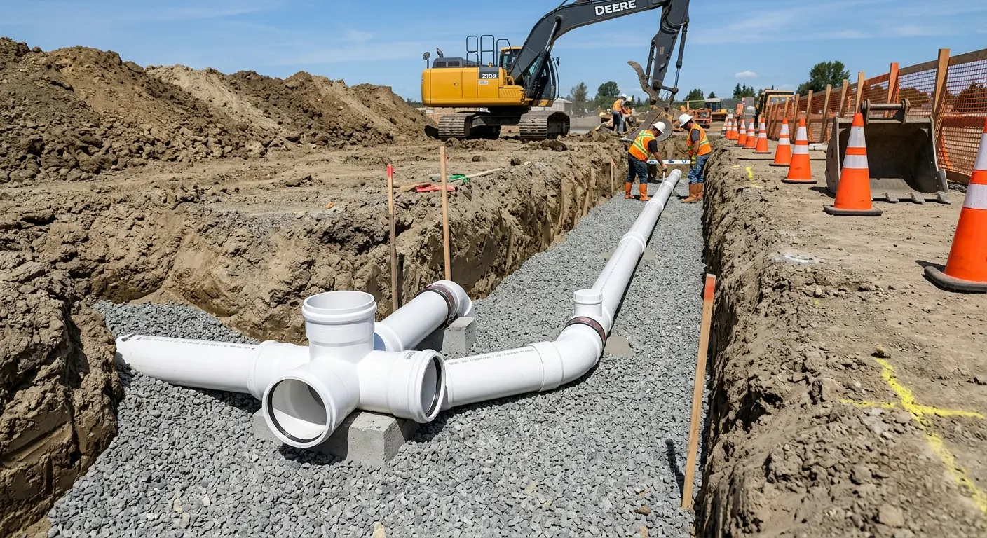 New PVC sewer pipe installation in open trench for Sewer Backup in Hope