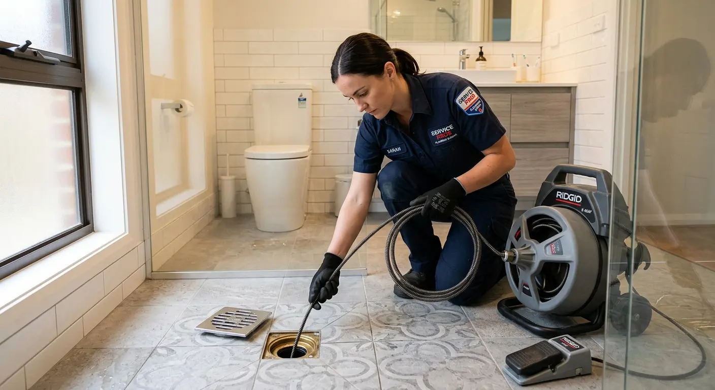 Technician clearing a bathroom floor drain for Drain Cleaning in Hope